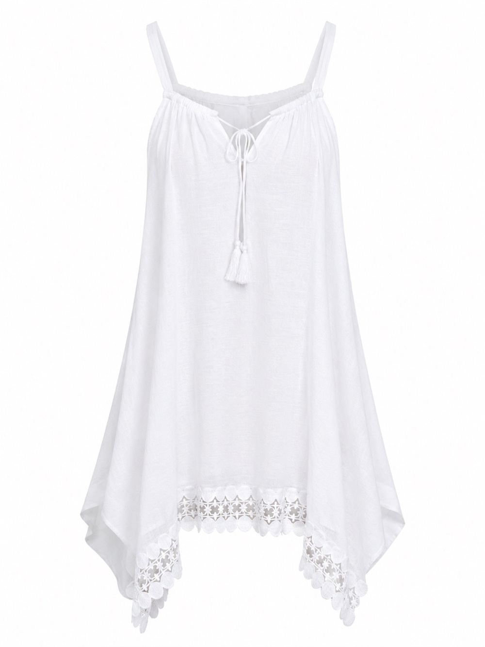 White Sleeveless Midi Dress With Lace Hem And Tassel Tie By Mile Gabrielle Size